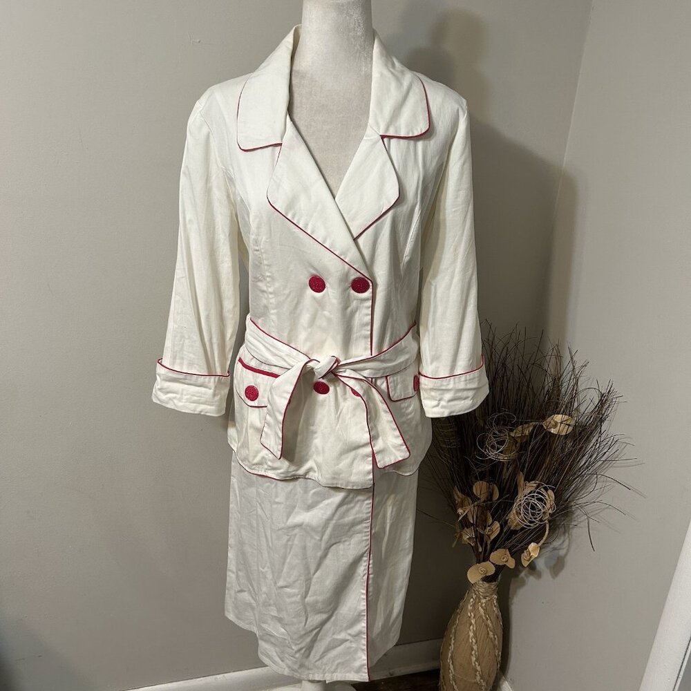 Vtg AS.HRO 2pc Jacket Skirt Set White Pink Trim 3/4 Sleeve Belt Slit Sz 14 Flaw